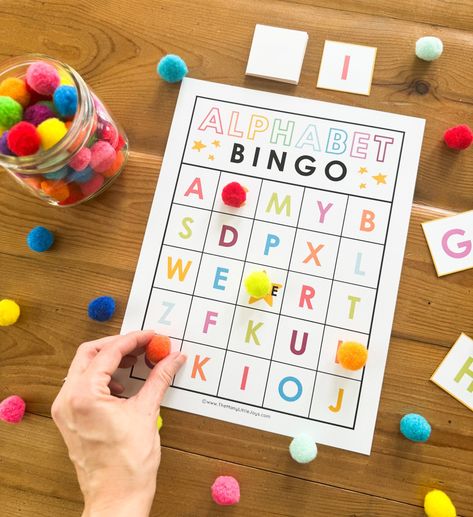 Free Printable Alphabet Bingo: A fun game to help kids learn their ABCs! - The Many Little Joys Bingo Alphabet Free Printables, Abc Puzzles Free Printable, Alphabet Bingo Cards Free Printable, Letter Bingo Printable Free, Abc Bingo Cards Free Printable, Tk Activities Free Printables, Preschool Alphabet Games, Alphabet Learning Activities Preschool, Alphabet Party Ideas