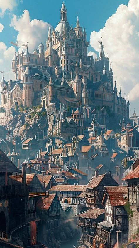 Large Fantasy City, Kurdistan Village, Concept Art Medieval, Medieval City Concept Art, Medieval Apocalypse, City Fantasy Art, Medieval Reference, Castle City, Majestic Castle