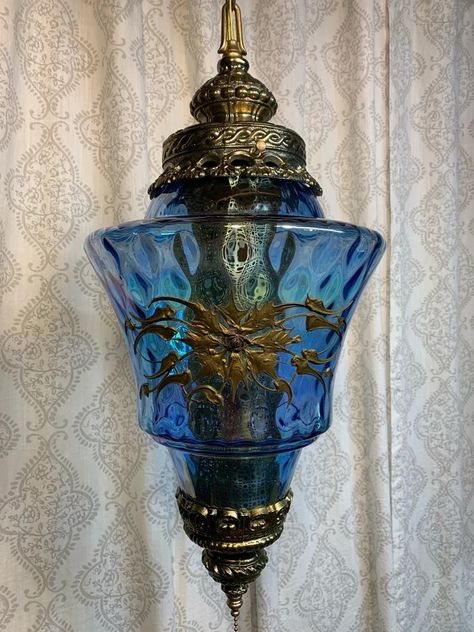 Swag Lights, Colorful Home Decor Ideas, Woodland Bedroom, Carnival Glass Vintage, Blue Carnival Glass, Cough Medicine, Swag Lamp, Swag Light, Day Dreamer