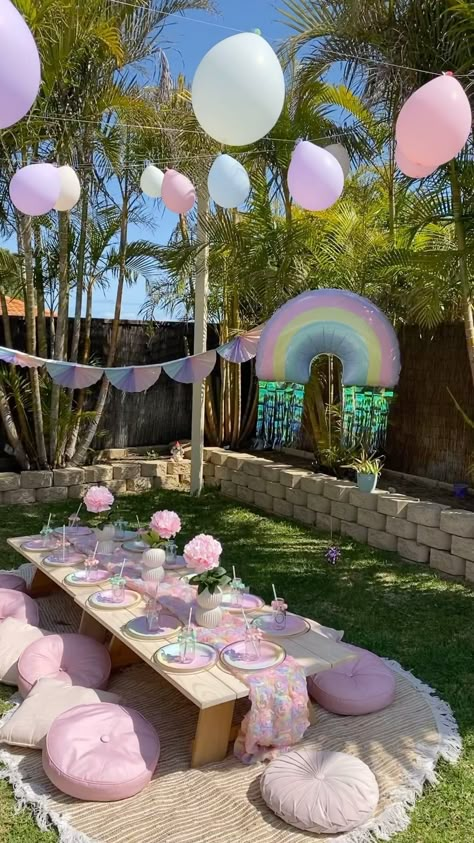 Rainbow Tea Party Birthday, Unicorn Picnic Party, Unicorn Garden Party, Rainbow Princess Birthday Party, Unicorn Tea Party Birthday, Rainbow Tea Party, Unicorn Tea Party, Kids Picnic Parties, 7 Birthday