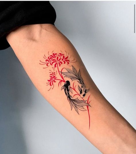 Red Koi Fish Tattoo, Forearm Tattoo Ideas For Men, Koi Fish Tattoos, Red Koi Fish, Tatuaje Studio Ghibli, Forearm Tattoo Ideas, Koi Tattoo Design, Spider Lily, Forearm Tattoo Design