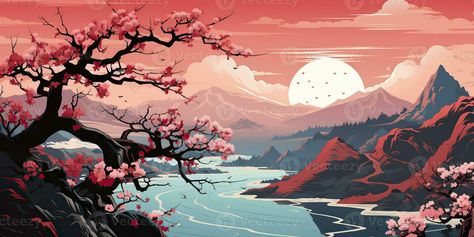 AI Generated. AI Generative. Vintage retro traditional Japanese Asian landscape background. Cherry blossom sakura tree flower mountain and outdoor nature minimal graphic art. Graphic Art Sakura Tree Background, Japanese Background, Minimal Graphic, Flower Mountain, Asian Landscape, Japanese Tree, Japanese Sakura, Inspiration Painting, Sakura Tree