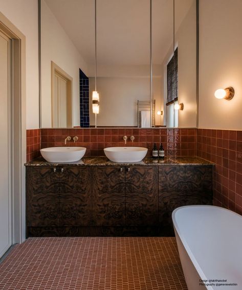 Back to Burgundy | Claybrook Journal Maroon Bathroom, Burgundy Bathroom, Jj House, Brick Wall Tiles, Bathroom Revamp, Wet Room Flooring, Glazed Brick, Downstairs Loo, Zellige Tile