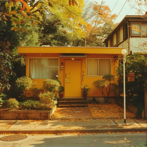 Retro Home Exterior, 1960s Home Exterior, 70s Suburbia, 1960s House Exterior, 60s House Exterior, 70s House Exterior, Retro Buildings, Yellow Building, Tokyo Architecture