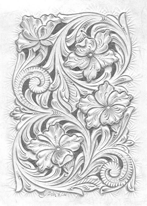 Western Floral Tattoo, Leather Stamping Patterns, Ornamental Drawing, Leather Carving Patterns, Western Drawings, Leather Tattoo, Leather Patterns Templates, Handmade Leather Work, Cowboy Tattoos