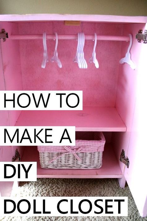 how to make a DIY doll closet to store doll clothes Storing Doll Clothes, Storage For Doll Clothes, Barbie Clothes Storage Diy, American Doll Clothes Storage, Diy Doll Storage Ideas, Barbie Closet Diy How To Make, Diy Doll Closet Ideas, Barbie Wardrobe Diy How To Make, Dolls Wardrobe Diy