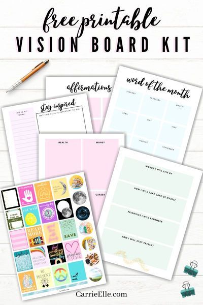 Free Printable Vision Board Kit - everything you need to make beautiful vision boards at home! #visionboard #visionboardparty #goals #visionboardprintable #printablevisionboard #plannerprintables #planners #printableplanners #freeprintables #carrieelleprintable Vision Board For Athletes, Vision Board Planner Free Printables, Vision Board Worksheet Free Printable, Vision Binder Ideas, Kids Vision Board Ideas Free Printable, Printable Vision Board Template, Month Themes, Free Vision Board Template, Version Board