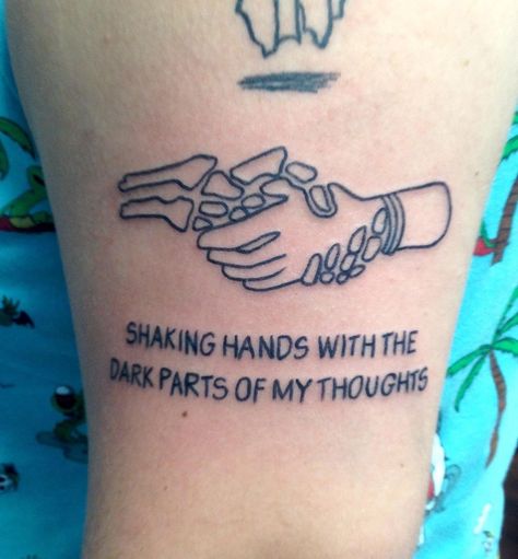 "Shaking hands with the dark parts of my mind" Express yourself 👍 #expressive #sayit #skeleton #tattoo #skeletontattoo #shakinghands #darkthoughts #peeps #lineworktattoo #oldeschooltattoo #marietta #atlanta #yankeedoodlezart Shaking Hands With The Dark Parts, Skeleton Art Tattoo, Scrambled Mind Tattoo, Self Sabatoge Tattoo, Crazy Mind Tattoo, No Remorse Tattoo, Shake It Out Tattoo, Trapped In My Mind Tattoo Ideas, How Soon Is Now Tattoo