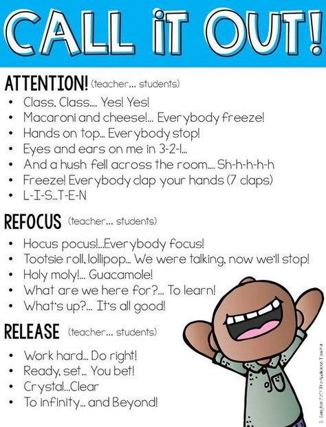 Call and response attention getters free resource- Love these! Teaching Classroom Management, Attention Getters, Behavior Rewards, Substitute Teaching, Responsive Classroom, Preschool Planning, Classroom Culture, Whole Brain Teaching, Classroom Behavior Management