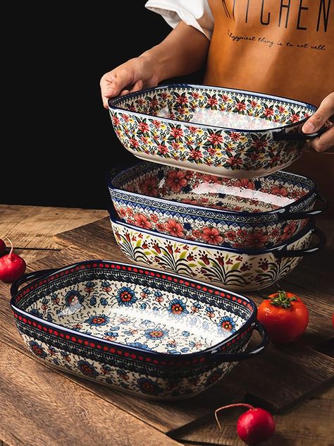 Bicuzat Vintage Style Pottery Bakeware Ceramic Casserole Dish Baking Pan Lasagna Pans Baking Dish with Handles for Oven/Cooking/Kitchen-1 PCS, Large Capacity, 60 OZ Ceramic Bakeware, Ceramic Tableware, Dish Sets, Polish Pottery, Kitchen Stuff, Kitchen Items, Bakeware, The Table, Casserole Dishes