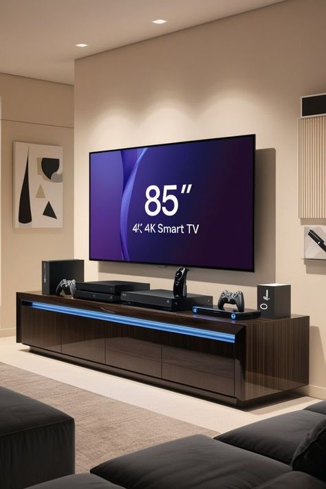 Cool Tv Setups, Pc Tv Setup, Big Tv Living Room, Tv Set Up Bedroom, Tv Setup Living Room, Home Entertainment Room, Gray Room Ideas, Color In Interior Design, Tv Setup