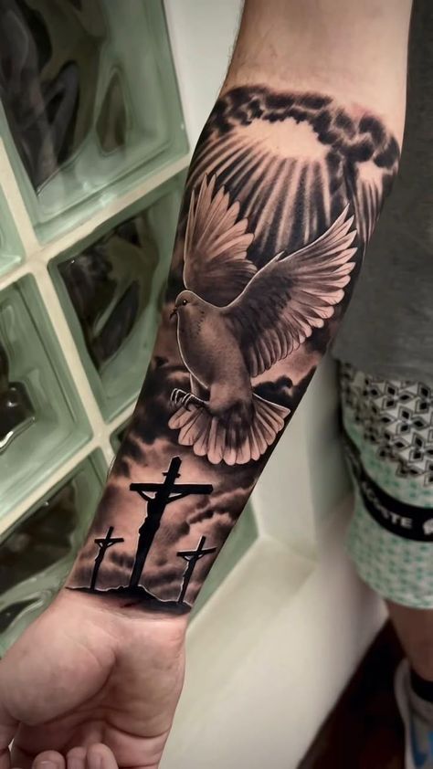 Three Crosses Sleeve Tattoo, Wrist Tattoos Men Sleeve, Cross Crown Tattoo, Memorial Hand Tattoos, Religous Tattoo Arm Sleeve, Religious Forearm Tattoo, Christian Arm Tattoo, Forearm Tats Men, Christian Forearm Tattoo