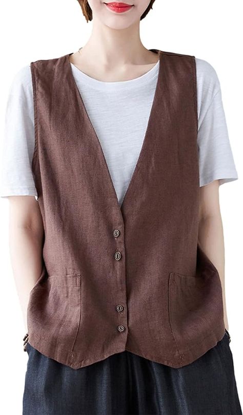 Zontroldy Womens Cotton Linen Vest Casual Loose V Neck Sleeveless Vests Jacket Blazer Waistcoat with Pockets(0164-02Coffee-S) at Amazon Women's Coats Shop Linen Vests For Women, Vest Fashion Women, Sew Vest, Blazer Waistcoat, Vest Style Women, Sleeveless Vest Jacket, Loose Vest, Linen Vest, Vest Designs