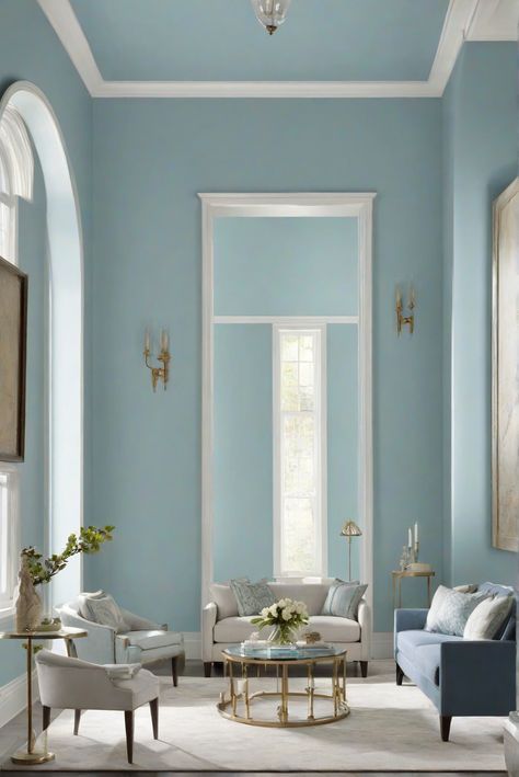 interior paint, home decor, interior decorating, wall color ideas, home renovation, paint brands, room design Palladian Blue Living Room, Blue Wall Paint, Coastal Palette, Light Oak Floors, Palladian Blue, Blue Painted Walls, Blue Painted Furniture, Living Room 2024, Living Room Interior Design Ideas