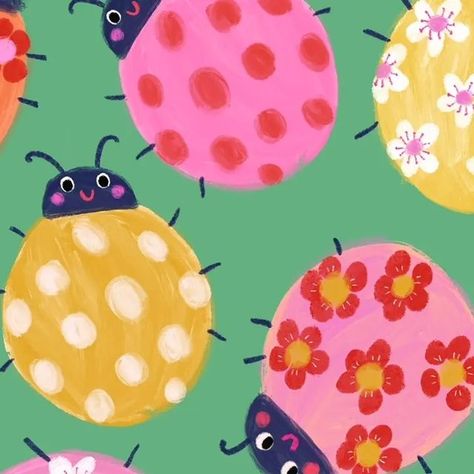 Kate McFarlane on Instagram: "Playing with colourways and my favourite bugs for #monthofmayb art challenge. This week's prompts: bugs, blossom, bulbs. Which colourway is your favourite? #artchallenge #artprompts #ladybird #ladybug #blossom" Ladybird Wallpaper, Kate Mcfarlane, Ladybug Painting, Ladybug Aesthetic, Bug Illustration, Illustration For Kids, Applique Stitches, Ladybug Art, Cool Bugs