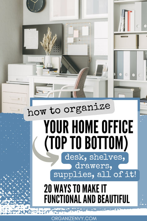 A small home office with a desk and wall shelves How To Organize An Office At Home, Home Office Supply Organization, How To Organize Home Office, Organizing Office At Home, Office With Lots Of Storage, Organizing Ideas Office, Home Office Organizing Ideas, Organizing Office Ideas, Office Organizing Ideas