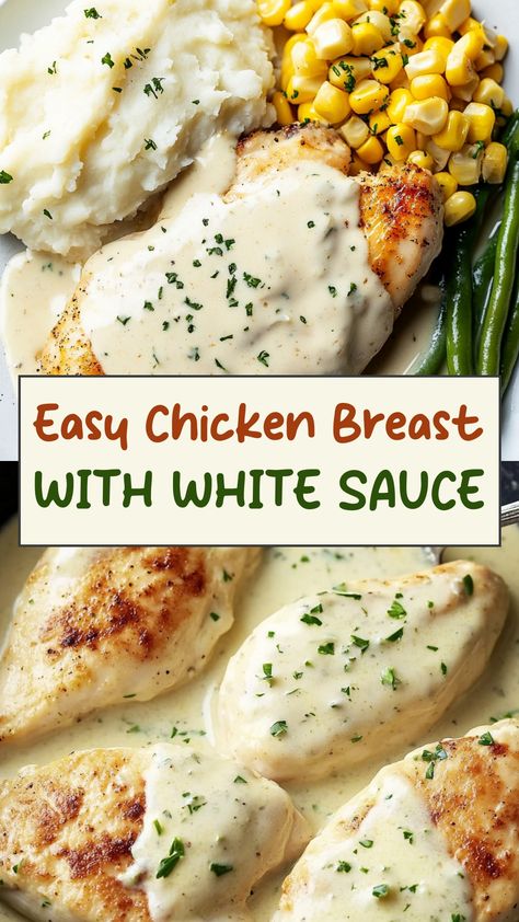 Indulge in a delicious meal with this savory recipe for tender chicken breast served with creamy white sauce. This dish is perfect for dinner parties or special occasions, impressing your guests with its rich and flavorful taste. With simple ingredients and easy instructions, you can recreate this restaurant-worthy dish right in your own kitchen. Elevate your cooking skills and treat yourself to a gourmet experience with chicken breast in white sauce tonight! White Sauce Recipe For Chicken, Creamy White Sauce For Chicken, Chicken In White Sauce Recipes, Chicken In A Cream Sauce, White Sauce For Chicken, Sauce For Chicken Breast, Grinchmas Food, Chicken In White Sauce, Easy Sauce For Chicken