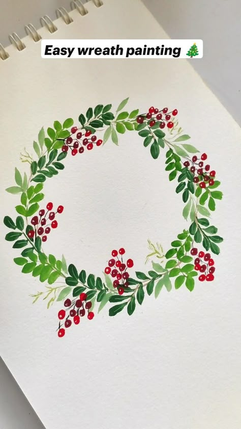 Painted Floral Wreath Acrylic, Easy Christmas Wreath Painting, Painted Wreath On Canvas, Paint Your Own Advent Calendar, Christmas Greenery Painting, Pottery Christmas Wreath, Painting Christmas Wreath, How To Draw A Christmas Wreath, Acrylic Wreath Painting