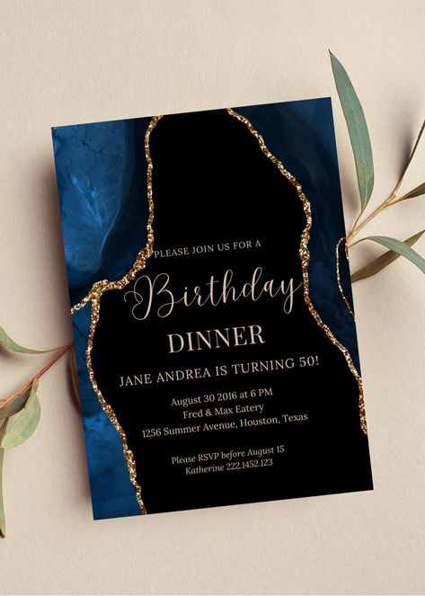 Editable blue and gold birthday dinner invitation perfect for your next birthday party or birthday dinner. This blue agate invitation can be edited yourself using Canva. If you choose to print yourself the print size is 5x7 and can be printed on cardstock invitation paper. You can also have the completed file taken to your local print shop and have them print. Can also be saved as an image to use as a text invitation or email invitation. All the wording is editable. Details: Birthday Dinner invi Black Blue Birthday Decor, Blue 16th Birthday Party, Blue And Gold 30th Birthday Party, Blue Birthday Dinner Decor, Dark Blue Birthday Theme, Blue And Gold Invitations, Blue And Gold Birthday Party, Black And Blue Invitations, Midnight Blue Invitation Debut