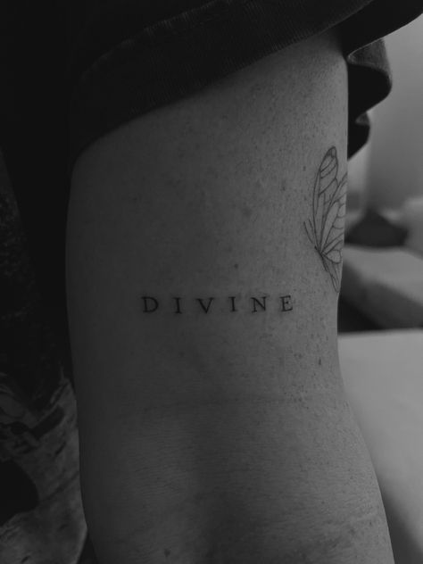 Minimalist Tattoo Lettering, Divine Word Tattoo Ideas, Back Arm Word Tattoo, Quotes Tattoos On Arm, Inner Arm Text Tattoo, Inner Elbow Word Tattoo, Fine Text Tattoo, Fineline Tattoo Script, Small Word Tattoos For Women Placement