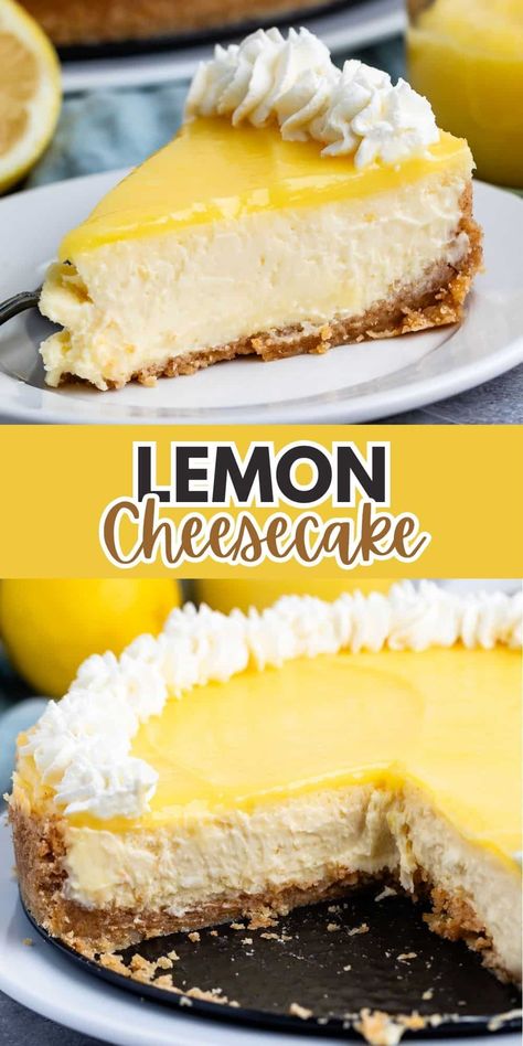 Creamy Lemon Cheesecake with graham cracker crust and lemon curd topping - this is the perfect cheesecake recipe and is full of lemon flavor in every bite. Cheesecake Lemon Curd, Lemon Sopapilla Cheesecake, Lemon Ginger Cheesecake, Lemon Cheesecake Decoration, Lemon Curd Cheesecake Recipe, Ny Cheesecake Recipe, Cheesecake With Graham Cracker Crust, Lemon Heaven, The Perfect Cheesecake