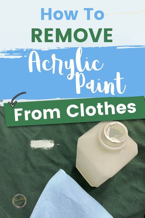 green fabric with white acrylic paint stain and an open bottle of rubbing alcohol and a blue shop towel showing how to remove dried acrylic paint Getting Acrylic Paint Out Of Clothes, Get Acrylic Paint Out Of Clothes, Removing Acrylic Paint From Clothes, How To Remove Dried Paint From Clothes, How To Remove Acrylic Paint From Fabric, How To Get Rid Of Paint On Clothes, How To Get Dried Paint Out Of Clothes, How To Remove Acrylic Paint From Clothes, Acrylic Paint Clothes