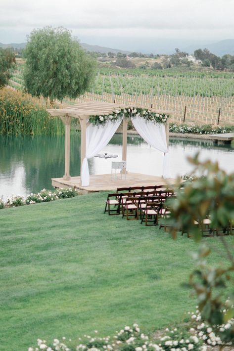 Wedding Over Water, Wedding Pond Decorations, Weddings By Water, Winery Wedding Venues California, Outdoor Pond Wedding Ceremony, Water Wedding Venues, Ponte Winery Wedding, Wedding Structures Outdoor, Wedding Overlooking Water