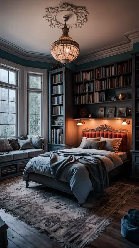 Bedroom Large Room, Moody Library Bedroom, Room Ideas Book Aesthetic, Guest Room Library Combo, Cozy Bedroom Ideas Vintage, Library Bedroom Aesthetic, Bedroom With Library, Bedroom Office Layout, Library In Bedroom