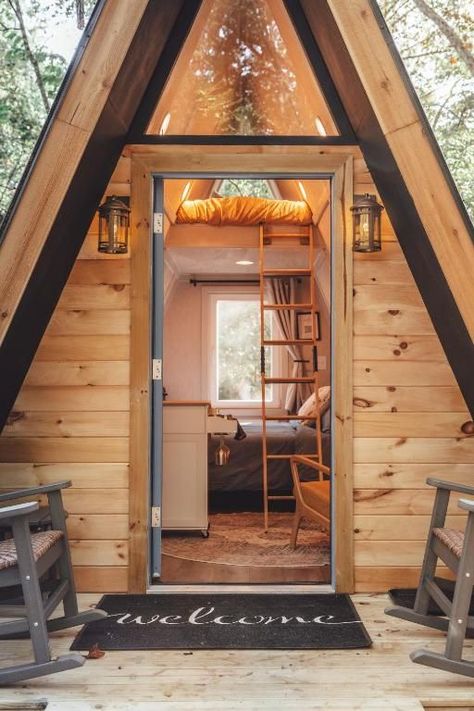 Blue Brambler Glamping A-Frame, Rockbridge (updated prices 2024) A Frame Garden House, Tiny A Frame Interior, A Frame She Shed, Cabin Airbnb Ideas, A Frame House Design, Small A Frame Cabin, Frame House Design, Modern Cabin Plans, A-frame Interior