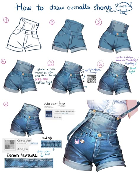 Shorts Drawing, Digital Art Tips, Digital Painting Techniques, Denim Texture, Drawing Help, Clothing Reference, Art Help, Art Study, Digital Painting Tutorials