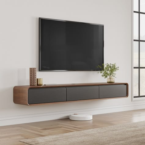 Simple Interior Living Room, Floating Shelf Below Wall Mounted Tv, Tv Unit Design Bedroom Simple, Tv Units Simple, Tv Units In Living Room Simple, Modern Under Tv Cabinet, Tv Unit Design Modern Minimalist, Modern Tv Table Design, Floating Tv Shelf Ideas