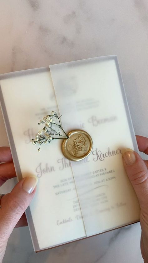 Antique Gold Wax seal and baby's breath on a custom folded invitation.    Custom and semi-custom designed wedding invitations for your wedding or next event. Click to see more original designs. www.brownfoxcreative.com   #customweddinginvitation #customweddinginvitations #babysbreath #antiquegoldwedding Dried Floral Wedding Invitations, Quarantine Wedding, Antique Wedding Invitations, Gold Wax Seal, Folded Invitation, Ivory Wedding Invitations, Wedding Directions, Custom Wedding Monogram, Wedding Invitation Envelopes