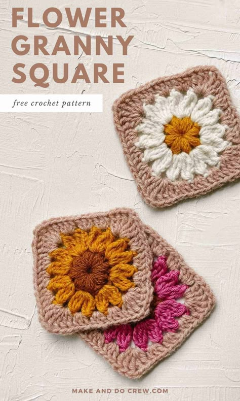 Learn how to crochet a flower granny square with this free pattern from Make and Do Crew. We include a step by step photo tutorial and video tutorial so that even beginners can learn crochet granny squares and make them look like beautiful flowers. Whether you turn them into sweaters, blankets, or scarves, this modern take on a traditional crochet square is a fun way to add pops of color to any project. Visit the blog to learn how to make a granny square look like a flower. - Crochet Techniques