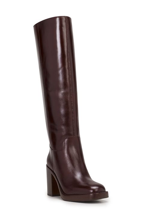 A bold block heel boosts this knee-high boot cut from smooth leather. 3 1/2" heel; 1/2" platform 15 1/4" shaft; 14 1/2" regular calf circumference 15 1/4" shaft; 15 1/2" wide calf circumference 15 1/4" shaft; 17" extra-wide calf circumference Side zip closure Leather upper/synthetic lining and sole Made in Brazil Big Calves Boots, Women’s Dress Boots, Tall Dark Brown Boots, Knee High Boots Wide Calf, Women’s Knee High Boots, Knee High Brown Boots Outfit, Fall Boots 2024, Fall Shoes 2024, Tall Fall Boots