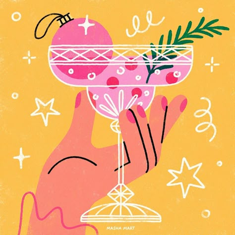 Artwork by Masha Mart. Hand with a drink illustration Cocktails Drawing, Drink Illustration, Cocktail Illustration, New Year Illustration, Book Design Layout, Last Days, First Week, Holiday Illustrations, Christmas Illustration