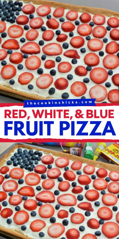 Step up your easy 4th of July recipes with the best fruit pizza! Learn how to make this pizza and enjoy the vibrant flavors of red, white, and blue in your fourth of July pizza! Plus, it has fresh fruit toppings on a delectable sugar cookie crust! Fourth Of July Food Cookie Pizza, 4th Of July Fruit Sugar Cookie, Fruit Pizza Cookies 4th Of July, Easy Red White And Blue Desserts 4th Of July, Fruit Fourth Of July, Easy Fruit Pizza Sugar Cookie 4th Of July, Cookie Pizza 4th Of July, Fruit Pizza Flag 4th Of July, Easy 4th If July Deserts