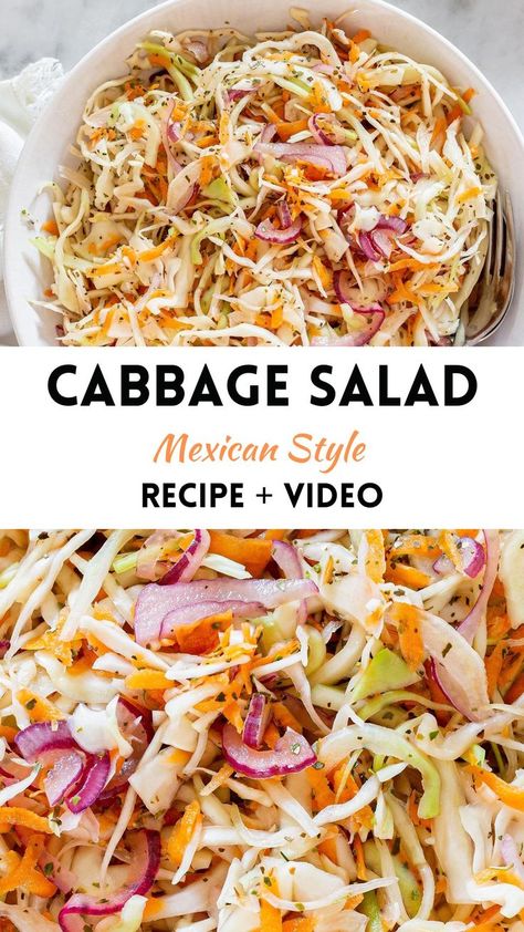 Collage with Mexican cabbage salad and text overlay. Fresh Slaw Recipe, Cabbage Recipe Mexican, Cabbage Salad For Tacos, Cabbage Slaw Salad, Slaw For Tacos Beef, Recipes With Cole Slaw Cabbage, Cold Cabbage Salad, Coleslaw Recipe For Tacos, Tacos With Cabbage