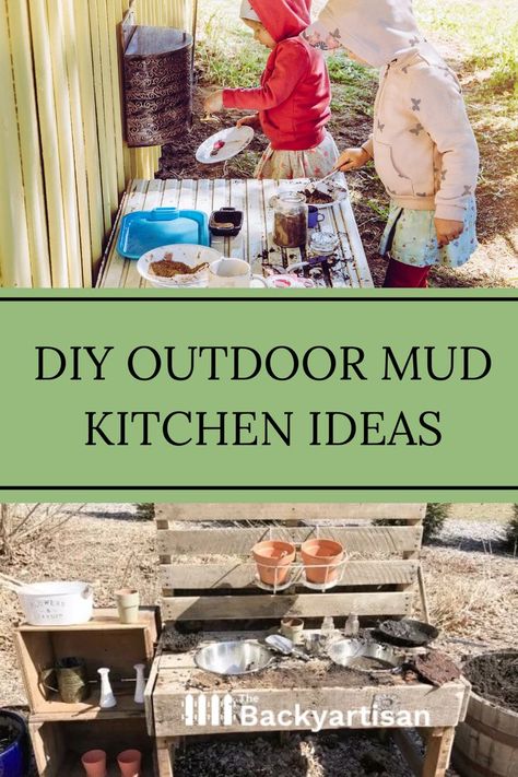 Check out these fun DIY outdoor mud kitchen ideas to do with your kids in your backyard. Free Mud Kitchen Plans, Mud Kitchen Organization, Diy Outdoor Kitchen Kids, Mud Kitchen Diy How To Build, Kids Outdoor Kitchen Diy, Mud Kitchen Accessories Ideas, Cinder Block Mud Kitchen, Outdoor Play Kitchen Diy, Homemade Mud Kitchen