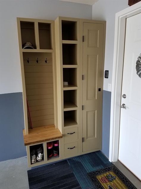 We needed a broom closet and storage in our garage. Bench area to put on shoes or boots, with shoe/boot storage below. We live in a northern climate and use our garage as a refrigerator in the winter time, so the shelves are to store items on, and drawers to install misc. outdoor items. Garage Boot Bench, Small Broom Closet, Diy Broom Closet, Lark Bunting, Garage Bench, Boot Bench, Closet Storage Ideas, Laundry Closet Makeover, Feed Room