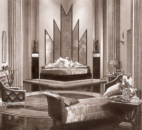 Bedroom from "The Kiss" - 1929 movie.  The angular mirror behind the bed and the exotic materials used within the room are key elements of art deco design. Interior Art Deco, Art Nouveau Arquitectura, Arte Art Deco, Art Deco Room, Architecture Art Nouveau, Art Deco Inspiration, Art Deco Bedroom, Motif Art Deco, Art Deco Interior Design