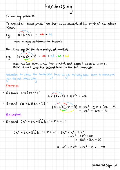 Notes about factorising and expanding brackets from sephtontutoring.com       #factorising #expandingbrackets #maths #gcse #notes Maths Gcse Foundation, Expanding Brackets Maths, Maths Revision Notes Foundation, Factorising Notes, Foundation Maths Revision, Maths Flashcards Gcse, Mathematics Notes Ideas, Gcse Maths Revision Foundation, Maths Gcse Notes