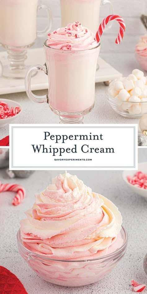 Perfect for topping hot chocolate or your favorite winter dessert, this EASY Peppermint Whipped Cream is only four ingredients! Peppermint Whipped Cream, Blueberry Sauce Recipe, Peppermint Recipes, Stabilized Whipped Cream, Favorite Christmas Recipes, Winter Dessert, Peppermint Cream, Recipes For The Holidays, Recipes With Whipping Cream