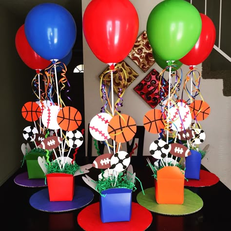 Sports theme centerpieces ! DIY! 1st birthday! Event Theme Ideas, Sports Party Centerpieces, Sports Centerpieces, Sports Theme Party, Sports Banquet, Sports Party Decorations, Sports Baby Shower, Sports Theme Birthday, Ball Birthday Parties