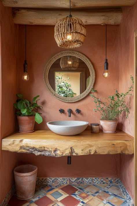 Discover eco-chic modern bathroom ideas featuring natural wooden accents, earthy tones, and sustainable decor. Elevate your space with organic elements for a serene and stylish look. Perfect blend of rustic and contemporary design! #BathroomInspo #SustainableLiving #EcoFriendlyDecor Santa Fe Style Bathroom Ideas, Southwestern Style Bathroom, Bathroom Earthy Decor, Boho Earthy Bathroom, Rustic Wooden Bathroom Vanity, Tulum Bathroom Decor, Natural Organic Bathroom Design, Elegant Boho Decor, Earthy Boho Bathroom Ideas