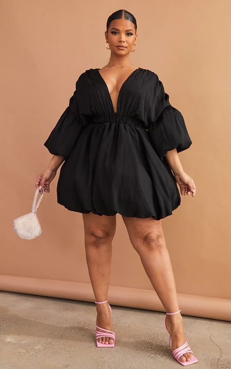 Plus Size Dresses for Women | PrettyLittleThing USA Black Puff Dress, Fashion Dresses Plus Size, Black And Pink Outfit, Plus Size Heels, Summer Dresses Plus Size, Plus Size Black Dress, Black Puff Sleeve Dress, Plus Size Black Dresses, Below The Knee Dresses