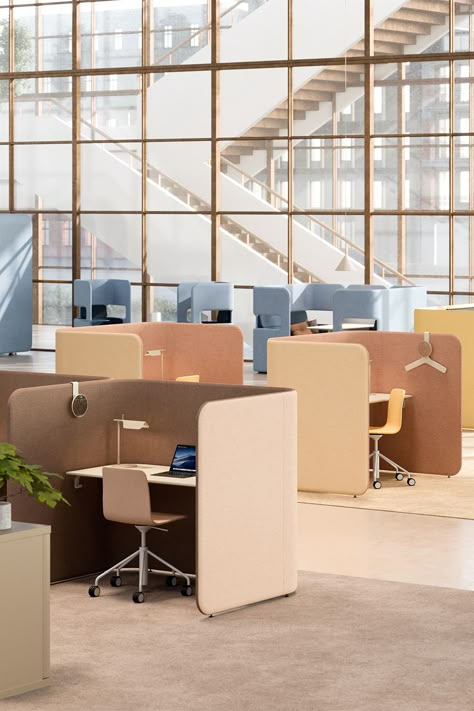 PodWork workstations in an open-plan office Workstation Layout Plan, Open Work Space Design, Informal Working Space, Office Open Plan Design, Hotdesking Work Spaces, Open Floor Plan Office Space, Trendy Office Design, Coworking Space Design Open Plan, Co Working Office Design