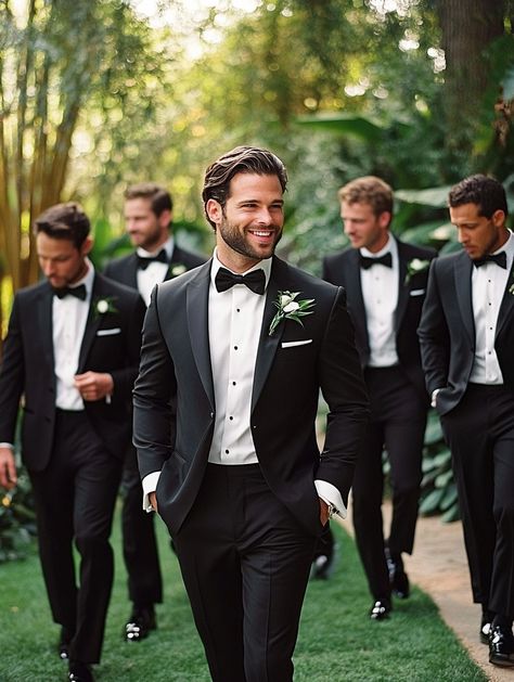 Sharp, stylish, and ready for the big day! Our groomsmen are the epitome of elegance in these perfectly tailored suits. Celebrating friendship and looking dapper every step of the way.   #GroomsmenStyle #WeddingElegance #SuitUp Black Tux Groom Grey Suit Groomsmen, Suits For Groom And Groomsmen, Wedding Suits Groomsmen Black, Men’s Wedding Tux Black, Wedding Best Man Outfit Groomsmen, Classic Groom And Groomsmen Attire, Groomsmen All Black Suit, Groomsmen Attire Classic, Groom 3 Piece Suit Black