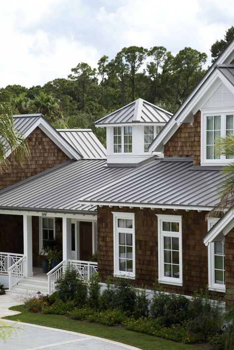 LM:  Do we need a square cupola?  Maybe we need a little more tin roof. Best House Exterior, Black Metal Roof, Metal Roof Houses, House Exterior Modern, Shingle House, Roof Ideas, Standing Seam Metal Roof, Fibreglass Roof, Beach House Exterior