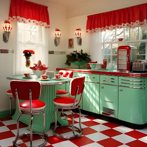 50s Diner Kitchen, 50s Interior, Awesome Kitchens, Wasteland Baby, Vintage Rooms, Diner Kitchen, 50s House, Cozy Kitchens, 50s Kitchen