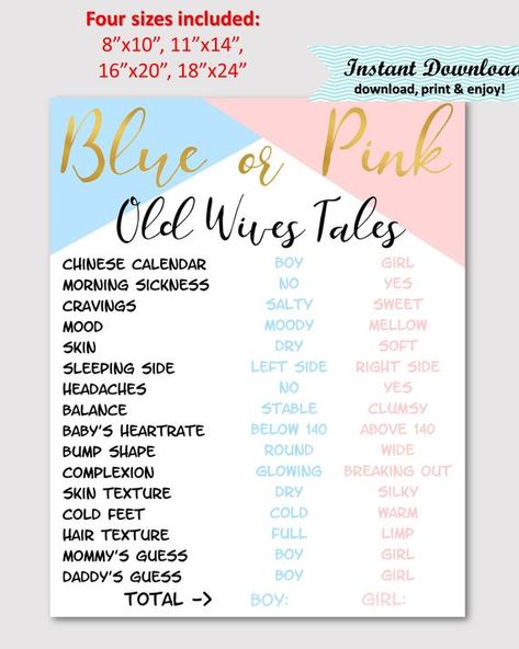 This Blue or Pink themed Old Wives Tales Sign is lots of fun for gender predictions! It features a realistic looking gold foil lettering and it is easy to print at any print shop or you can print the 8x10 size right at home. You can mark the answers ahead of time or you can turn it into an fun game Boy Or Girl Prediction Signs, Maternity Hacks, Boy Or Girl Prediction, Old Wives Tales Gender, Pink Gender Reveal, Air Nomads, Baby Gender Prediction, Baby Progress, Old Wives Tales